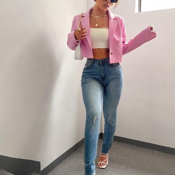 Baby Pink Elegant Women's Lapel Collar Single Button Blazer Workwear - Picture 3 of 7